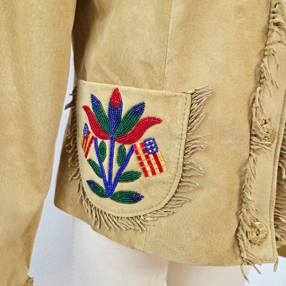 Double D Ranch tan suede fringe western jacket floral beaded button down medium - Picture 4 of 8